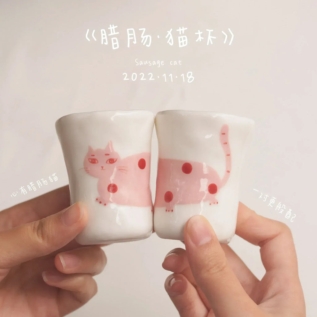 Couple's mugs | Handmade sausage cat - PetCeramicArt