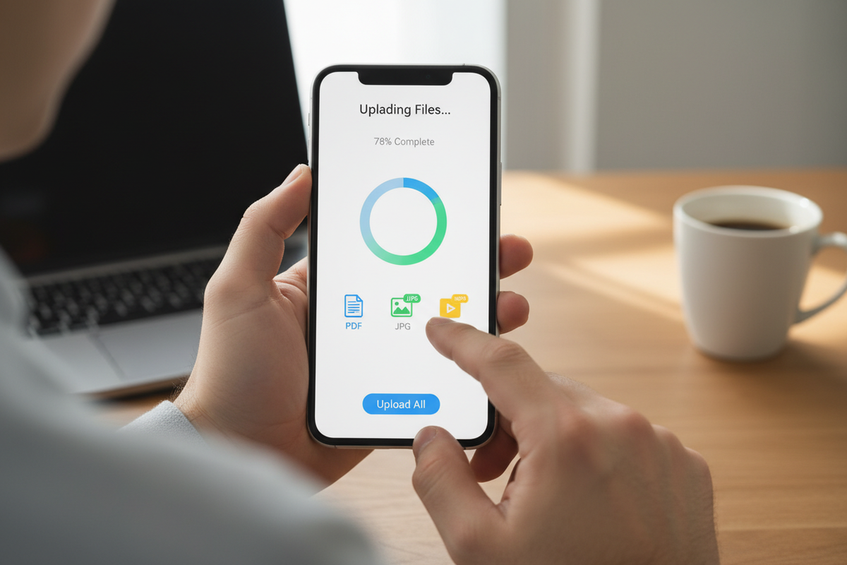 生成一张表示在手机上传文件的照片