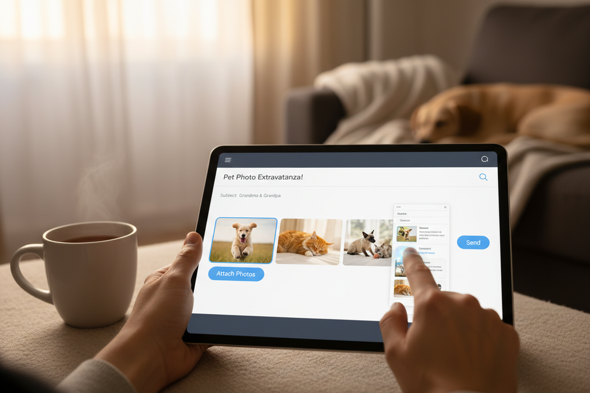 生成一张表示把宠物照片发送邮件的照片